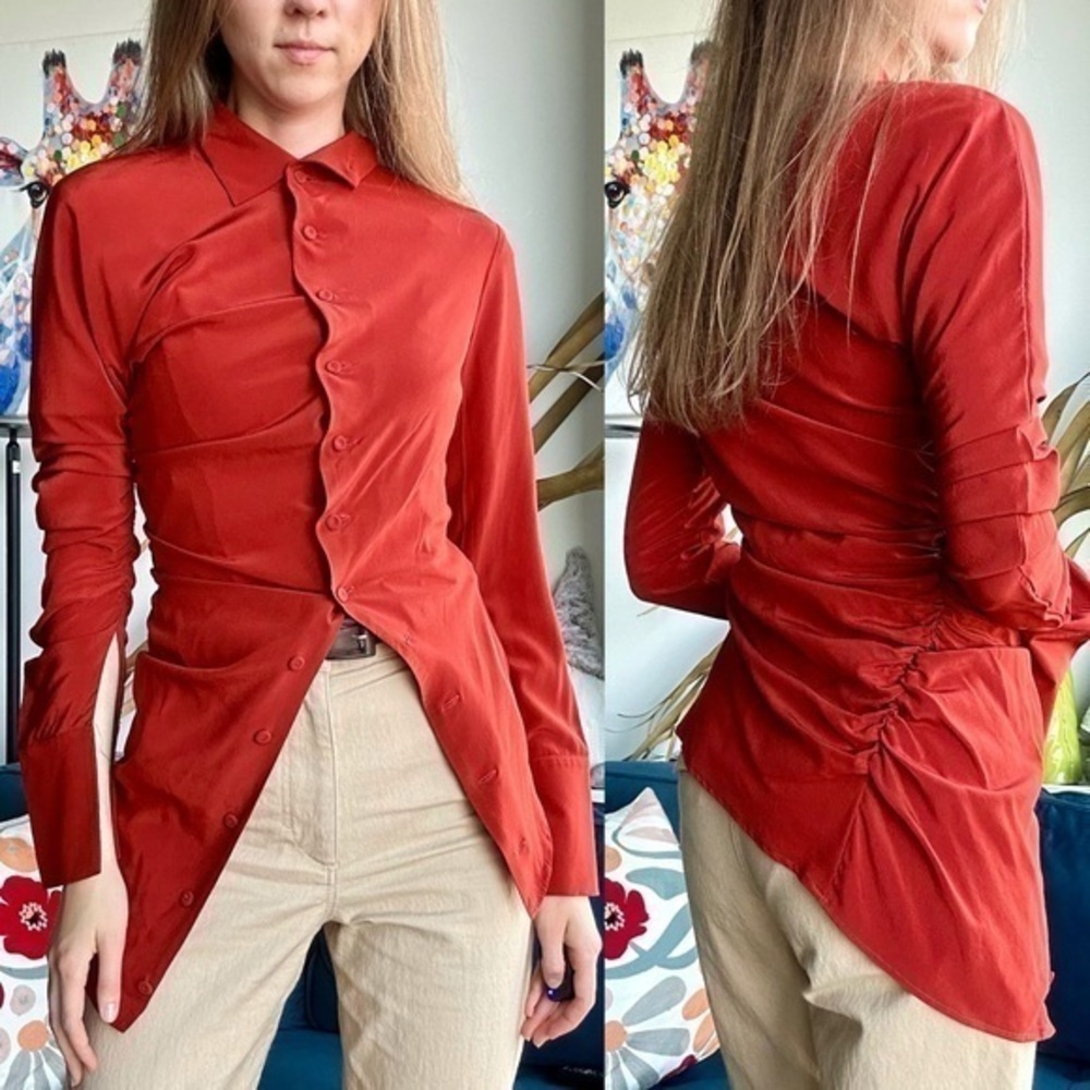Erika Cavallini Silk Orange Asymmetric Long Sleeve Italy Shirt IT 38 XS